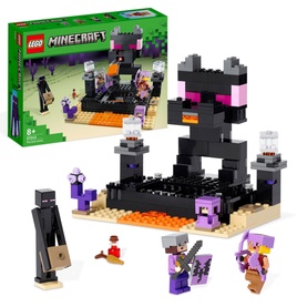 LEGO Minecraft The End Arena set with 252 pieces, featuring dark End portal build, Enderman and warrior minifigures in purple and black tones