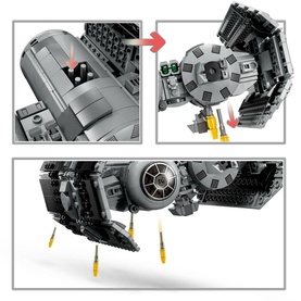 Lego Star Wars TIE Bomber construction toy, multi-coloured, 625-piece set shown assembled with detail callouts highlighting stud shooter and cockpit