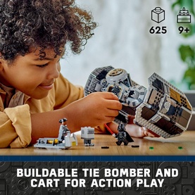 Child playing with Lego Star Wars TIE Bomber set, 625 pieces, with minifigures and cart, aged 9+, multi-coloured buildable toy