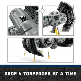 Lego Star Wars TIE Bomber toy showing torpedo drop feature detail, grey multi-coloured build with yellow landing gear, 625 pieces