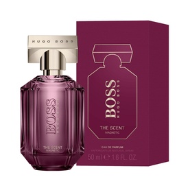 HUGO BOSS The Scent Magnetic For Her Eau de Parfum 50ml, deep magenta flacon with gold cap beside matching purple gift box