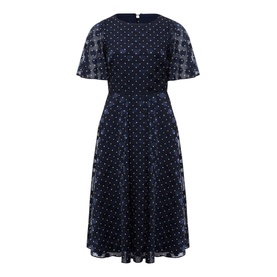 Hobbs Ciera Spot Print Midi Dress in blue, flutter sleeves, round neckline, polka dot pattern, flared skirt, keyhole back