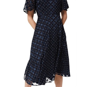 Model wearing Hobbs Ciera Spot Print Midi Dress in blue with flutter sleeves, polka dot pattern and flared skirt