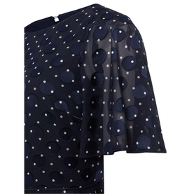 Hobbs Ciera Spot Print Midi Dress in blue, close-up of polka dot pattern, flutter sleeve and round neckline detail visible