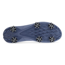 Ecco Biom G5 Golf Trainers white outsole with six grey replaceable cleats and textured blue-toned rubber sole