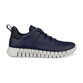 Ecco Gruuv Casual Trainers in blue leather with lace-up front, black collar, and ridged white rubber sole