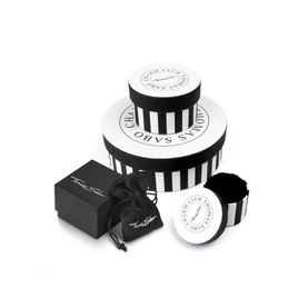 Thomas Sabo gift packaging set featuring black and white striped hat boxes and small black jewellery box with ribbon