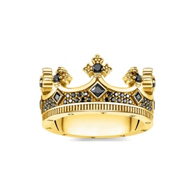Thomas Sabo Rebel At Heart Crown Ring in yellow gold with black zirconia stones, crown silhouette with cross detail and pav&eacute; band