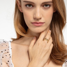 Model with Thomas Sabo Rebel At Heart Crown Ring in black, yellow gold-plated sterling silver with zirconia detailing, Victorian-inspired design