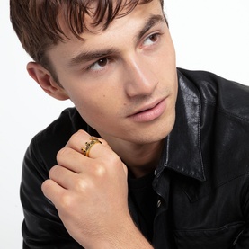Model with Thomas Sabo Rebel At Heart Crown Ring in black, yellow gold-plated sterling silver with zirconia detailing