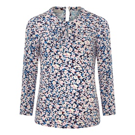 Hobbs Julia Floral Print Top in pink, round neckline with keyhole detail, three-quarter sleeves, ditsy floral print on navy base