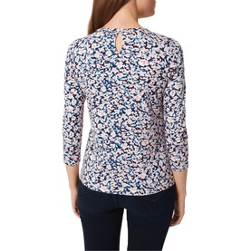 Model wearing Hobbs Julia Floral Print Top in pink, featuring keyhole back, round neckline and three-quarter sleeves with floral print