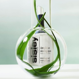 Sisley Ecological Compound 125ml serum bottle displayed inside a clear glass sphere vase with green botanical stems