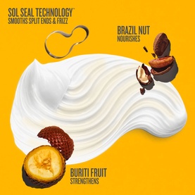 Sol De Janeiro Brazilian Joia Strengthening + Smoothing Conditioner cream texture with brazil nut and buriti fruit ingredients on yellow background