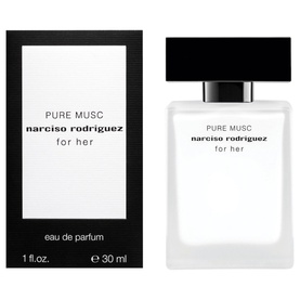 Narciso Rodriguez Pure Musc for Her Eau de Parfum 30ml, frosted white bottle with black cap alongside matching box