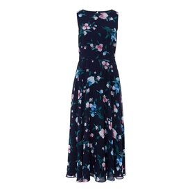 Hobbs Carly Floral Dress in blue, sleeveless midi length with round neck, cinched waist, and pink and blue floral print on navy chiffon