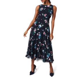 Model wearing Hobbs Carly Floral Dress in blue, sleeveless midi length with round neck, cinched waist and floral print, styled with navy heels