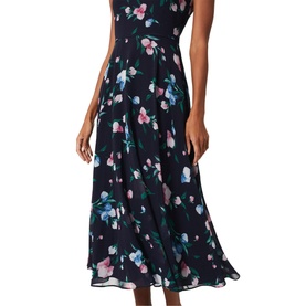 Model wearing Hobbs Carly Floral Dress in blue, sleeveless midi length with cinched waist and pink and blue floral print