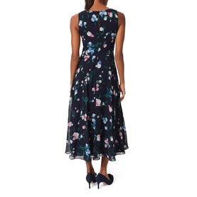 Model wearing Hobbs Carly Floral Dress in blue, sleeveless midi length with cinched waist and floral print, styled with navy heels, back view