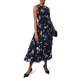 Model wearing Hobbs Carly Floral Dress in blue, sleeveless midi with round neck, cinched waist and pink floral print, styled with navy heels