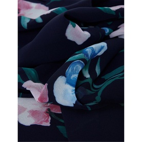 Hobbs Carly Floral Dress in blue, close-up of navy fabric with pink and blue floral print detailing