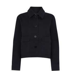 Whistles Marie Casual Jacket in black cotton with collar, button fastening, long sleeves, and front flap pockets