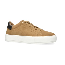 Kurt Geiger London Laney Lace-Up Trainers in beige suede with black heel tab, lace-up fastening, and white platform sole