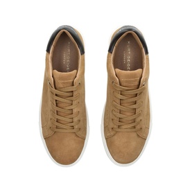 Kurt Geiger London Laney Lace-Up Trainers in beige suede, top-down view showing laces, navy heel tab, and white platform sole