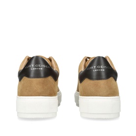 Kurt Geiger London Laney Lace-Up Trainers in beige suede, back view showing black heel counter, logo detail, and white platform sole