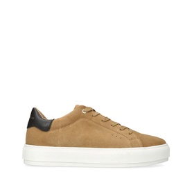 Kurt Geiger London Laney Lace-Up Trainers in beige suede with navy heel tab, lace-up fastening, and white platform sole