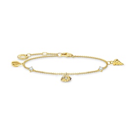 Thomas Sabo Shells Bracelet with White Stones, gold-plated chain with seashell charms, leaf pendant and white zirconia stone drops