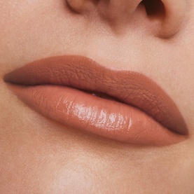 Est&eacute;e Lauder Pure Color Cr&egrave;me Lipstick in Modern Muse, a warm terracotta-brown shade, shown applied on lips
