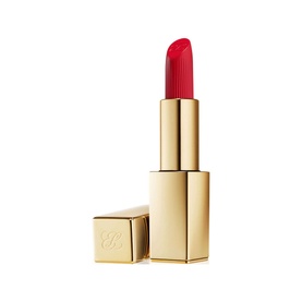Est&eacute;e Lauder Pure Color Cr&egrave;me Lipstick in Carnal, 3.5g, deep red bullet with gold case and open lid