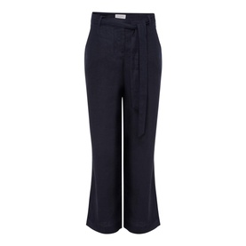 Hobbs Jacqui Wide Leg Trousers in blue, high-waisted linen with tie belt, wide leg silhouette and front fastening