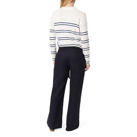 Model wearing Hobbs Jacqui Wide Leg Trousers in blue, high-waisted wide-leg fit, styled with a white navy-striped knit top. Back view