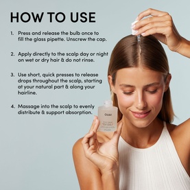 Ouai Hair and Scalp Serum how-to-use guide showing model applying serum drops to scalp with pipette dropper, with step-by-step instructions