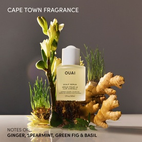 Ouai Hair and Scalp Serum bottle styled with ginger root, green herbs and foliage, Cape Town Fragrance campaign shot.