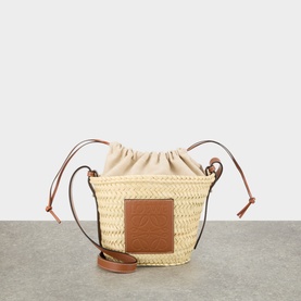Palm Leaves & Leather Drawstring Bucket Bag