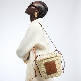 Palm Leaves & Leather Drawstring Bucket Bag