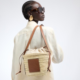 Palm Leaves & Leather Drawstring Bucket Bag