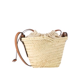 Palm Leaves & Leather Drawstring Bucket Bag