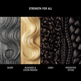 Oribe Hair Alchemy Conditioner shown across four hair types: silver, bleached and colour-treated, curly, and protective styles.