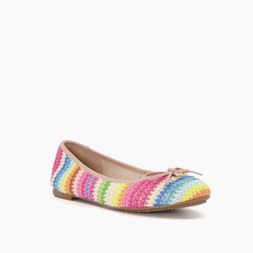 Dune Hallo Striped Charm-Detail Ballet Flats in beige multicolour crochet-effect stripe, bow and charm detail, round toe, rubber sole