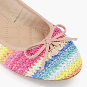 Dune Hallo Striped Charm-Detail Ballet Flats in multicolour woven synthetic upper, bow and branded charm detail, round toe, close-up view