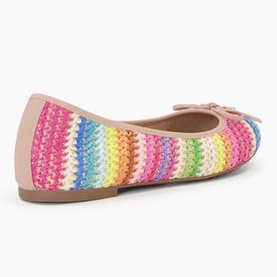 Dune Hallo Striped Charm-Detail Ballet Flats in beige multicolour crochet-effect stripe, bow and charm detail, rubber sole, rear view