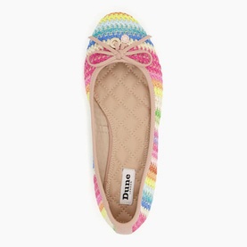Dune Hallo Striped Charm-Detail Ballet Flats in beige, multicolour stripe crochet texture, bow detail, branded charm, quilted interior visible