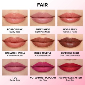 TOO FACED Lip Injection Extreme Lip Shaper shade guide for Fair skin, showing 9 shades on lips including Happily Ever After in True Red