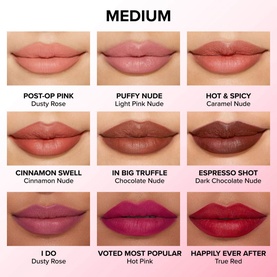 Too Faced Lip Injection Extreme Lip Shaper shade swatch chart for Medium skin tones showing 9 shades including Happily Ever After in True Red