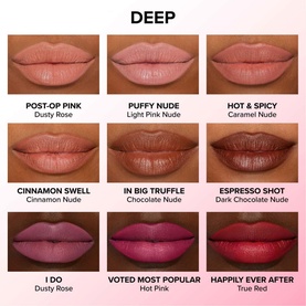 Too Faced Lip Injection Extreme Lip Shaper shade guide showing 9 deep lip liner swatches including Happily Ever After in True Red