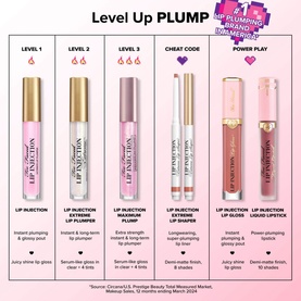 Too Faced Lip Injection Extreme Lip Shaper in Happily Ever After; promotional chart showing full Lip Injection plumping range lineup